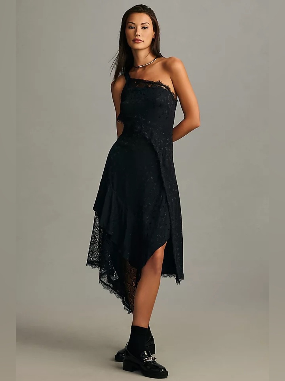 By Anthropologie Asymmetrical Lace Maxi Dress Size 2P Black